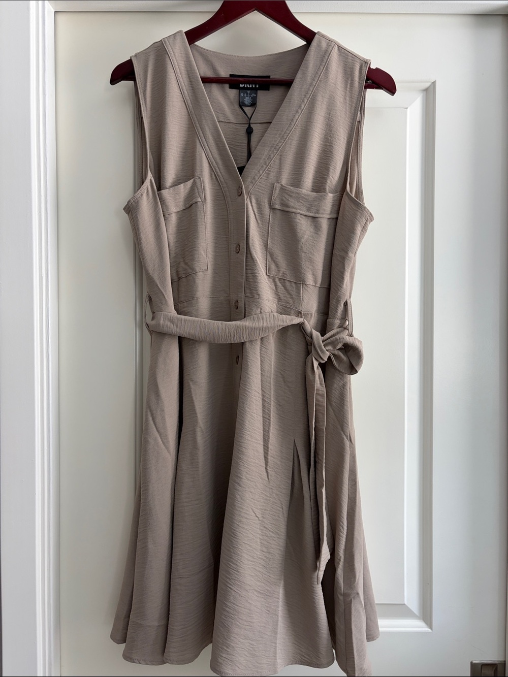 DKNY Khaki Sleeveless Button-Front Dress with Tie Waist